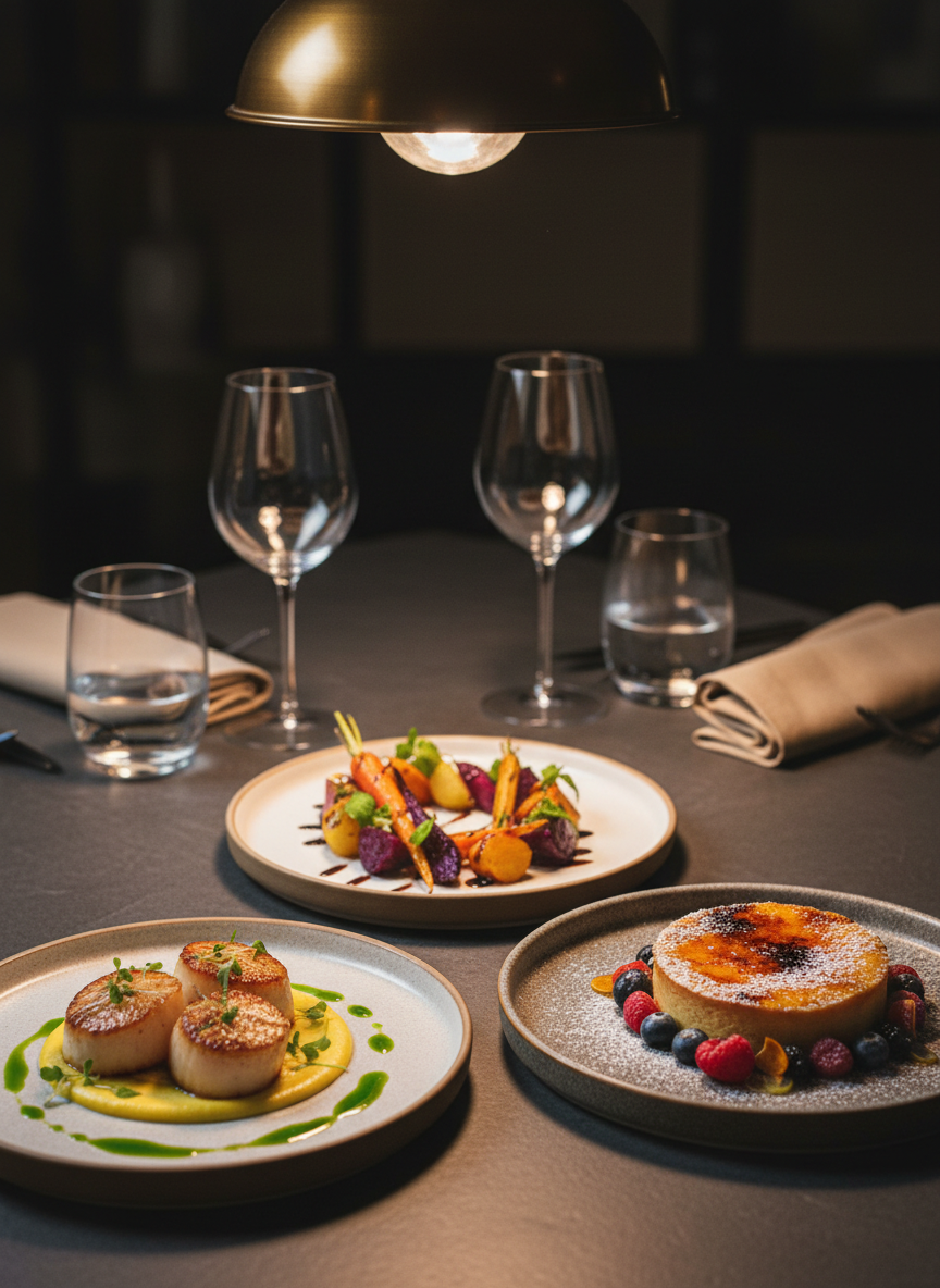 A meticulously plated, multi-course tasting menu array displayed on a matte charcoal stone table, featuring artful small plates of seasonal Richmond-inspired cuisine: glistening seared scallops on creamy corn purée, jewel-toned roasted root vegetables, and a delicate dessert tart with brûléed top. In the background, blurred glassware and folded linen napkins suggest an intimate home setting. Soft, warm pendant lighting from above creates gentle highlights on glossy sauces and subtle shadows along plate edges. Photographed at eye level with a shallow depth of field, the focus stays on intricate textures and vibrant colors. The mood is refined yet welcoming, captured in clean, photographic realism that conveys the feeling of a private, chef-curated dining experience.